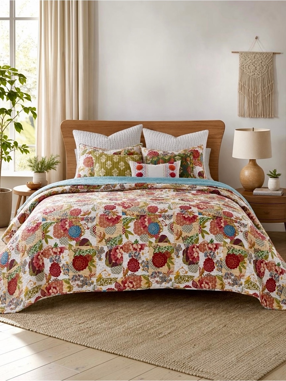 NEW Anthropologie Red White Floral Queen / King Quilt Bedspread Bedding Sham Set